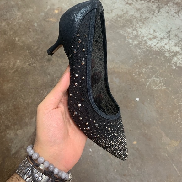 vivorosa Shoes - Women’s Crystal Embellished Kitten Heel Pumps in Black Mesh and Faux Leather